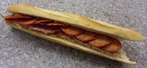 French Baguette with Egg, Bacon & Pepperoni filling